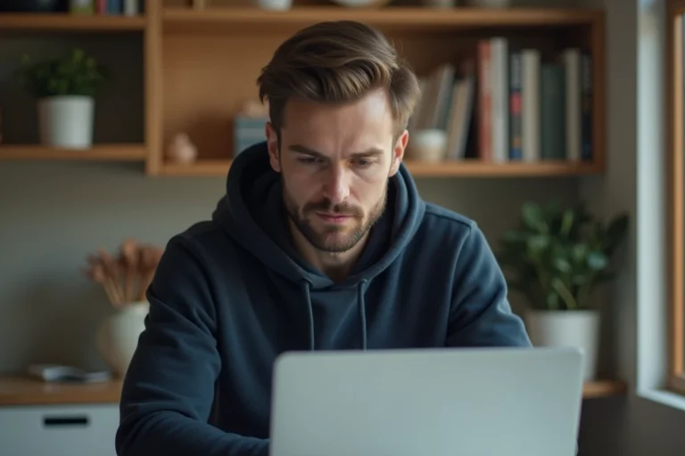 Homme adulte naviguant sur une plateforme de streaming en ligne depuis son bureau à domicile pour accéder à des contenus alternatifs