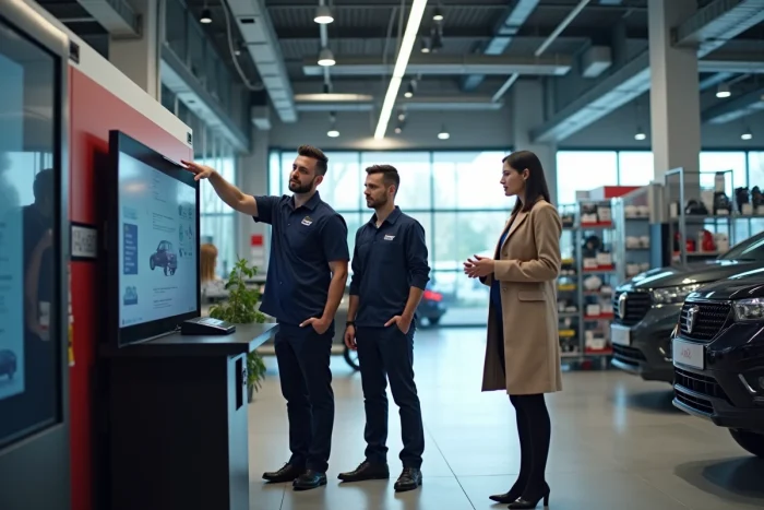 Espace d'accueil Norauto avec clients et conseillers effectuant un changement d'adresse de carte grise sur borne numérique