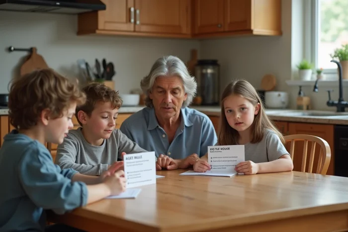 Un parent présente des règles adaptées à l'âge à deux enfants d'âges différents assis à la table de cuisine