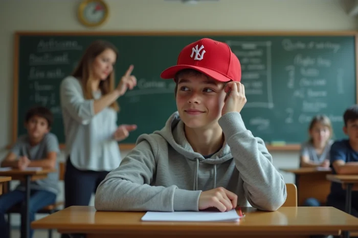 Adolescent retirant sa casquette en classe à la demande de son professeur, étiquette scolaire et respect des règles