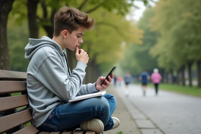 Adolescent révisant le futur espagnol grâce à des paroles de chansons sur smartphone dans un parc urbain avec un cahier de notes