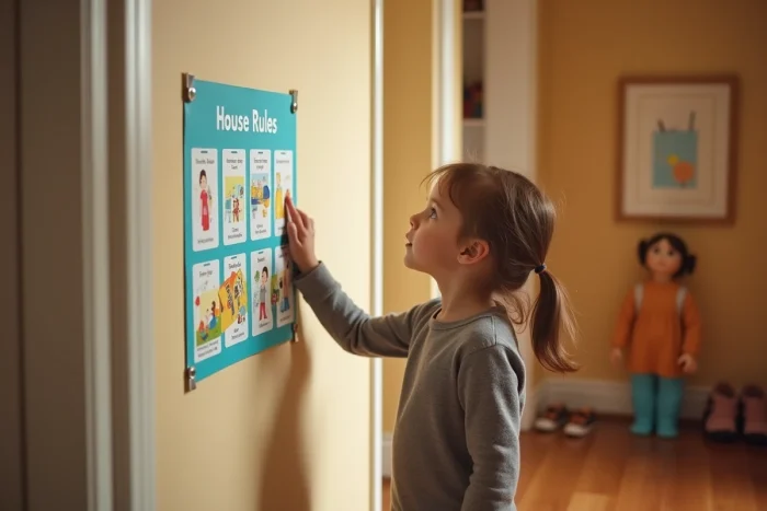 Un enfant regarde un tableau illustré des règles de la maison affiché sur le mur du couloir