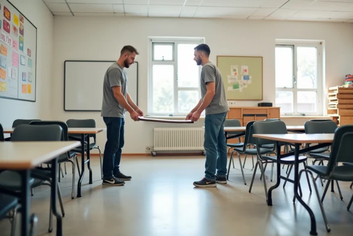 Bénévoles aménageant la salle principale d'un nouveau centre de loisirs associatif communal