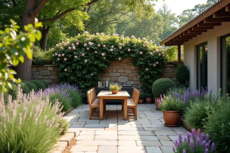 Terrasse de jardin aménagée avec pergola en bois, mobilier en teck et bordures de plantes ornementales fleuries