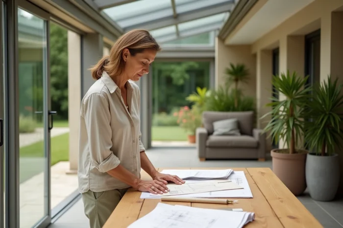 Femme consultant des plans d'aménagement pour une véranda sur mesure à Beaune, avec échantillons de matériaux et plantes méditerranéennes dans un espace vitré moderne