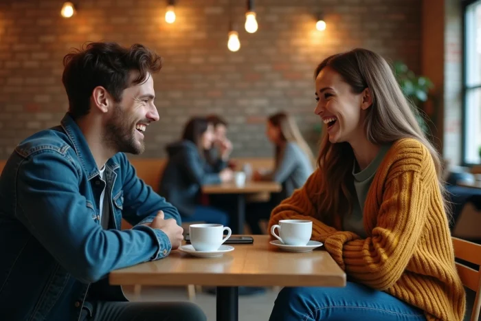 Deux amis discutant animément dans un café autour d'un smartphone et d'un café, ambiance chaleureuse et complice