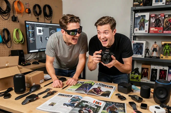 Deux amis passionnés de technologie explorant des gadgets high-tech et objets pop culture sur un bureau de studio créatif