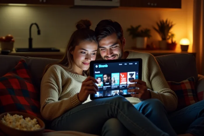 Deux amis regardant une sélection de films français sur Stremio via une tablette dans un appartement cosy