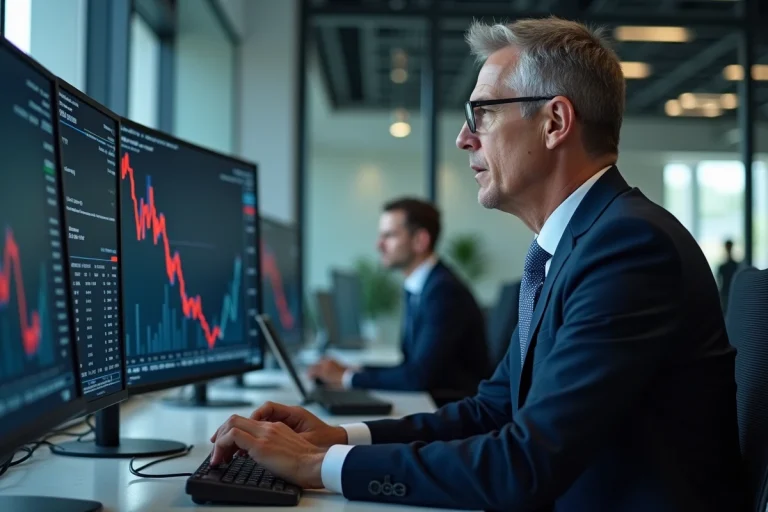 Analyste financier scrutant des graphiques boursiers en chute sur plusieurs écrans dans un bureau de trading moderne
