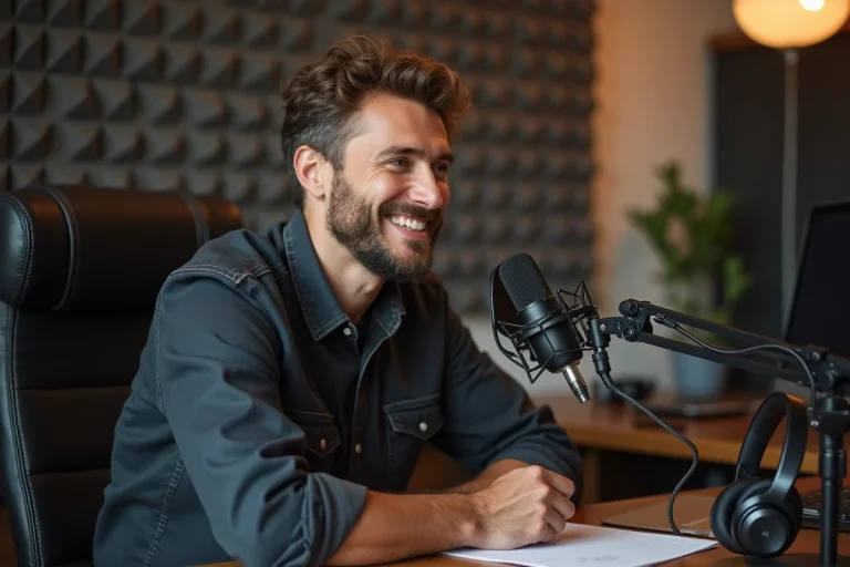 Animateur de podcast assis devant un microphone dans un studio maison moderne, ambiance détendue et professionnelle