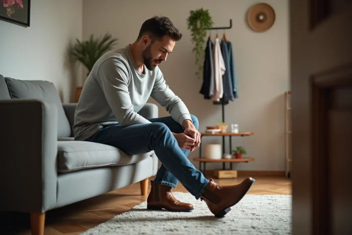 Un père adulte range ses chaussures à l'entrée en respectant la même règle que celle imposée aux enfants