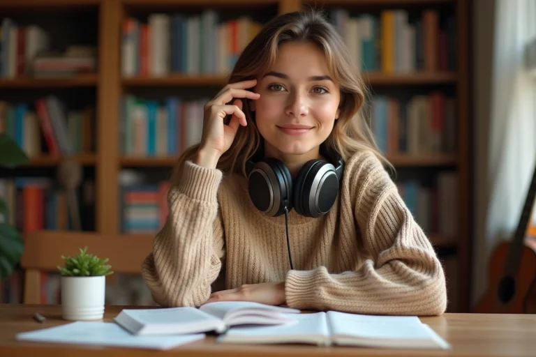 Jeune femme étudiant le futur en espagnol avec des paroles de chansons et une grammaire sur un bureau en bois, casque audio autour du cou