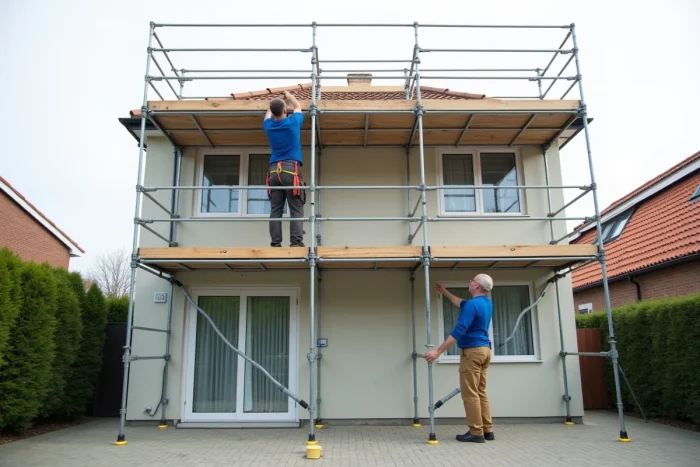 Deux ouvriers assemblant un grand échafaudage modulaire de location devant une maison à deux étages pour des travaux en hauteur