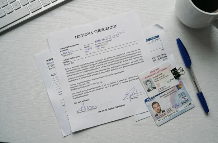 Vue de dessus d'une attestation d'hébergement avec pièce d'identité et justificatif de domicile sur un bureau blanc