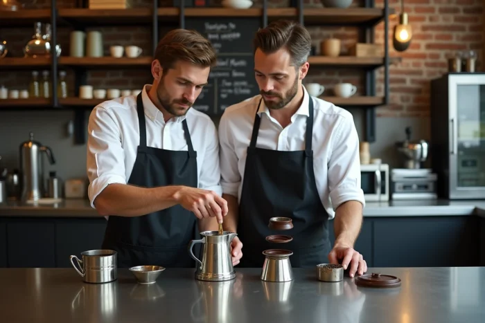Barista expliquant le démontage et les précautions d'une cafetière moka à un collègue dans une cuisine de café artisanal