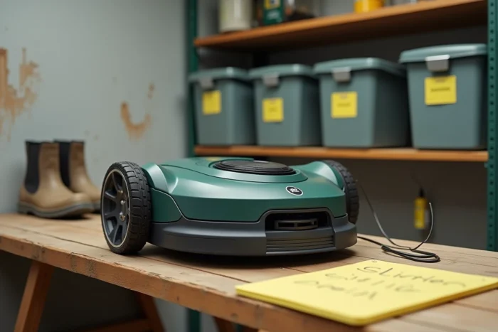 Batterie de robot tondeuse retirée et posée sur un établi lors de la préparation à l'hivernage
