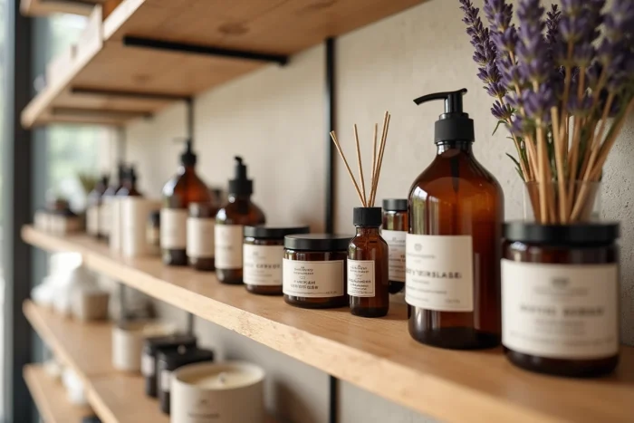 Étagère de boutique bien-être avec produits de soin premium bougies et huiles essentielles, alternative aux marques type Rituals
