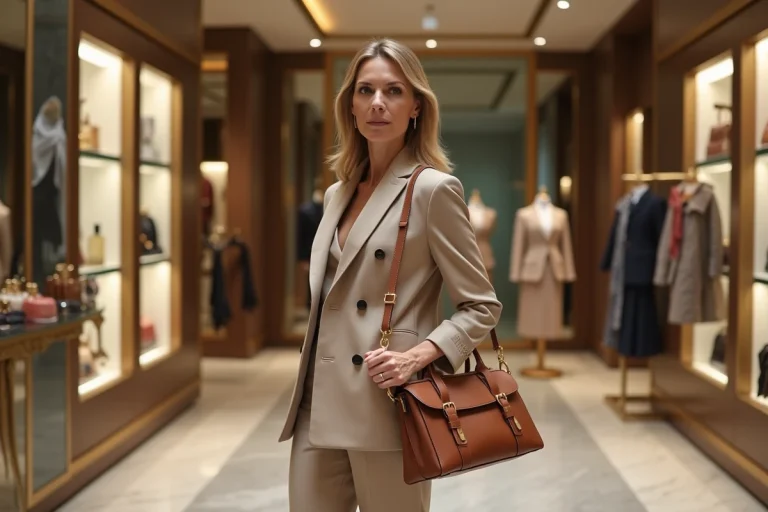 Femme élégante en boutique de luxe LVMH tenant un sac en cuir de haute couture, reflet du dynamisme du secteur Mode et Maroquinerie
