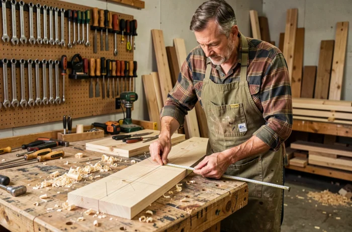 Homme bricoleur mesurant une planche en bois dans un atelier de garage bien équipé