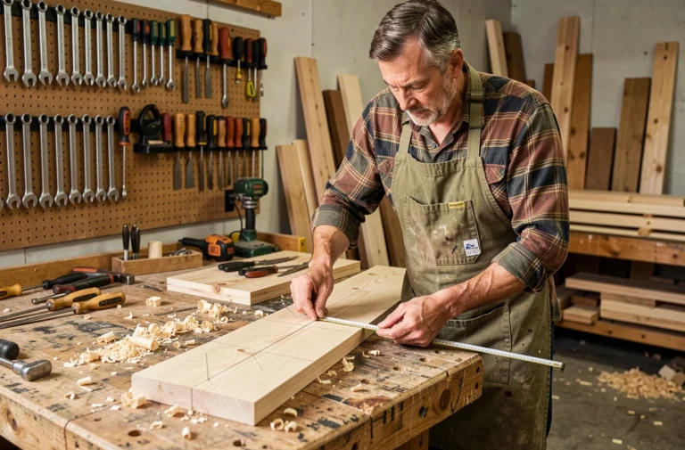 Homme bricoleur mesurant une planche en bois dans un atelier de garage bien équipé