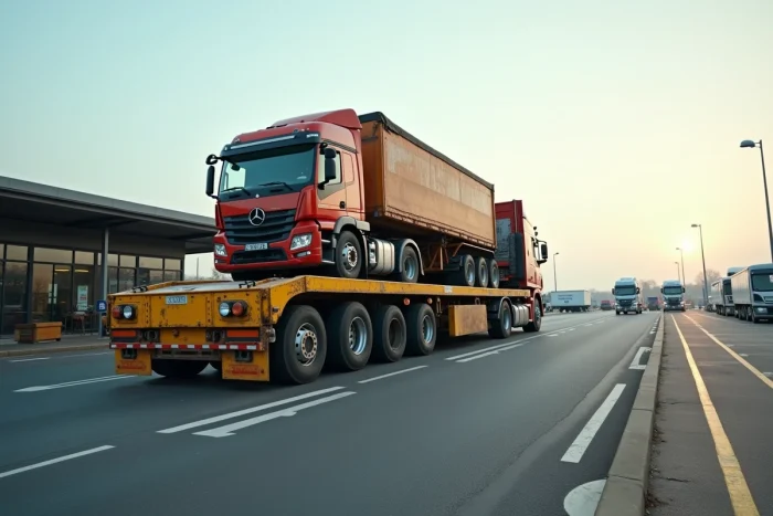 Camion plateau de récupération chargé d'un poids lourd dans une aire de service autoroutière en France