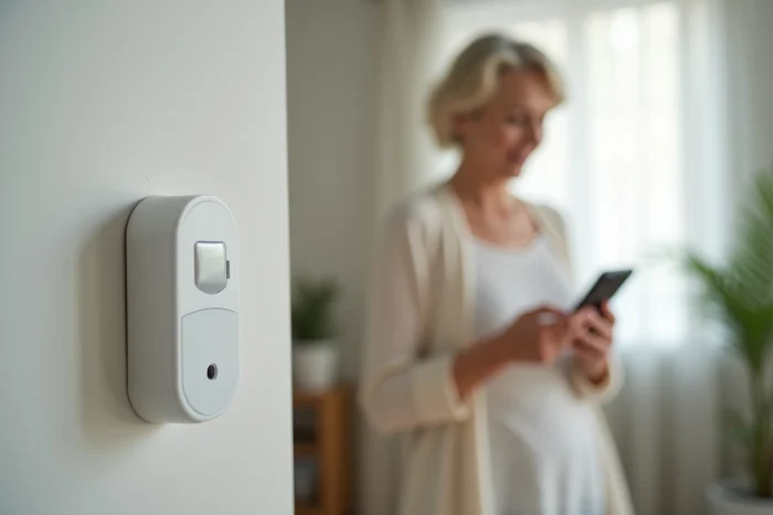 Détail d'un capteur d'alarme sans fil anti-sabotage avec propriétaire vérifiant l'application de sécurité