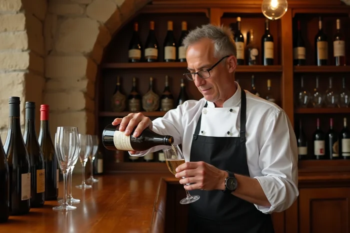 Sommelier versant du champagne dans une cave viticole française, illustrant la performance du secteur Vins et Spiritueux du groupe LVMH