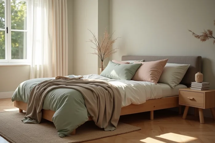 Chambre cocooning avec literie en lin superposée, tapis en jute et rideaux transparents pour une ambiance douce et accueillante