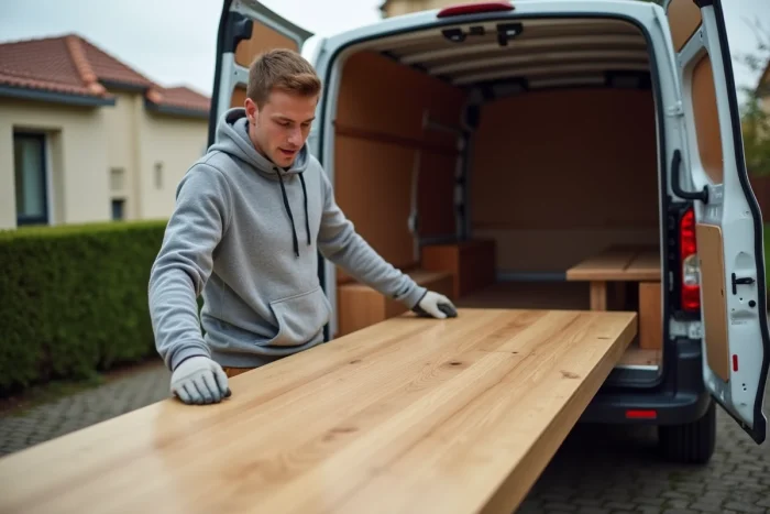 Jeune homme chargeant une table en chêne massif dans un utilitaire lors d'une récupération de meuble gratuit chez un particulier
