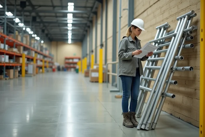 Femme consultant un guide de hauteur d'échafaudage à louer dans un grand magasin de bricolage type Leroy Merlin