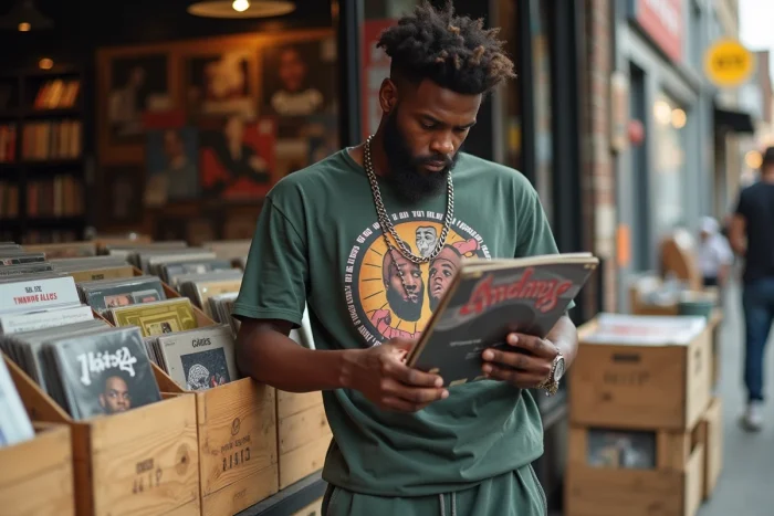 Homme en tenue streetwear des années 90 feuilletant des vinyles sur un marché vintage urbain, symbolisant l'héritage musical de Kris Kross
