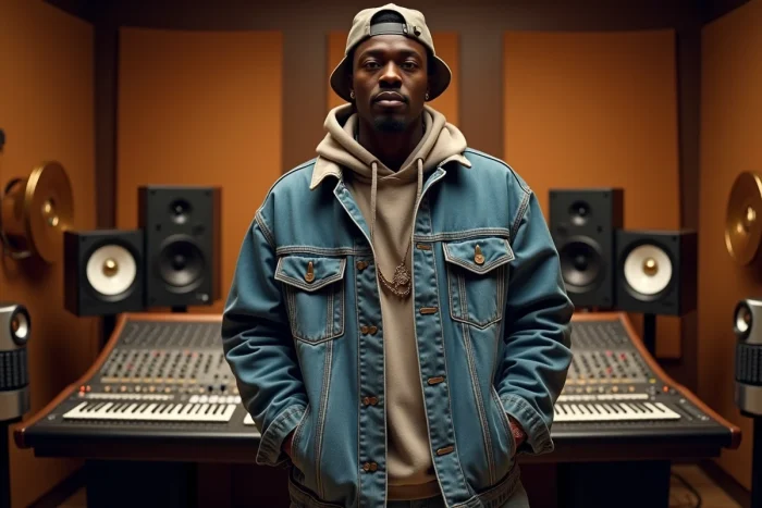 Artiste hip-hop des années 90 en studio d'enregistrement avec veste en denim et casquette à l'envers, entouré de disques d'or