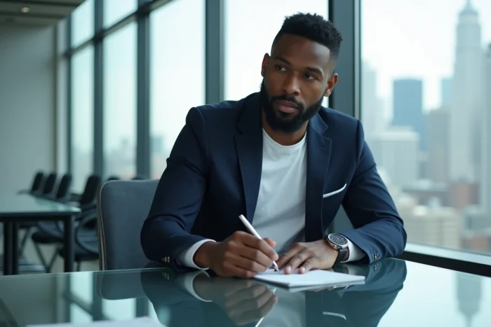 Homme d'affaires afro-américain en blazer marine dans un bureau moderne avec vue sur la ville, évoquant la reconversion professionnelle d'un artiste hip-hop