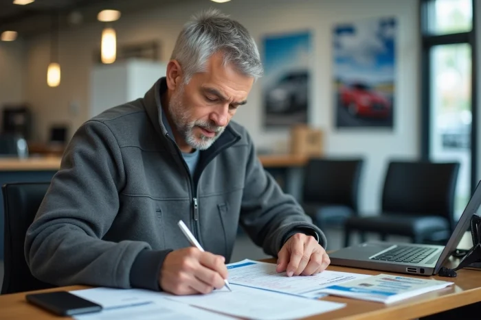 Client remplissant un formulaire de changement d'adresse de carte grise dans un centre Norauto