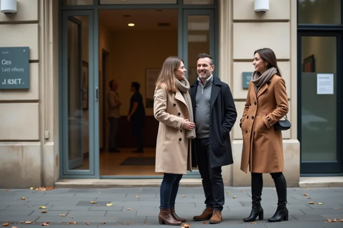 Groupe de personnes devant une clinique maternité à Paris, évoquant le débat public autour de la grossesse et de la vie privée des figures médiatiques