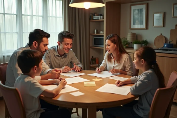 Une famille réunie autour de la table à manger pour co-construire les règles de vie en conseil de famille