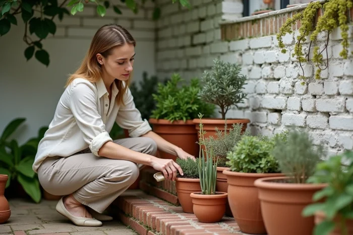 Femme aménageant un coin jardin avec des pots en terre cuite, herbes aromatiques et petit olivier sur des marches en brique