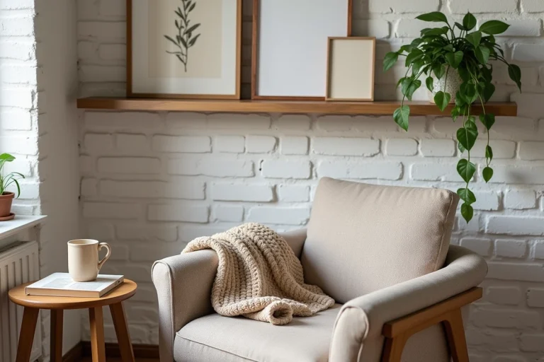 Coin salon chaleureux avec fauteuil en lin, table en bois et plante verte pour une décoration intérieure accueillante