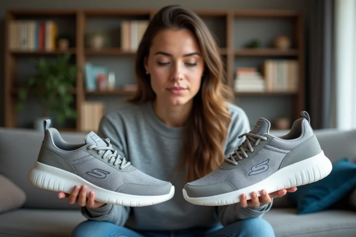 Femme comparant une vraie paire de Skechers avec une contrefaçon, examinant les étiquettes et les coutures pour repérer les différences