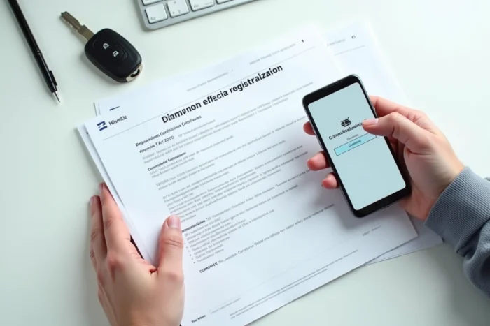 Mains tenant une carte grise et un smartphone confirmant l'immatriculation en ligne sur le site Norauto