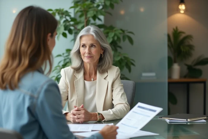 Femme discutant de stratégie de protection de patrimoine avec un conseiller financier dans un cabinet de gestion de fortune