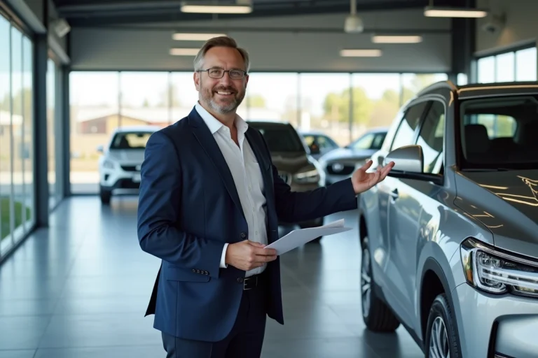 Conseiller commercial en concession automobile présentant un SUV argenté à l'intérieur d'un showroom moderne