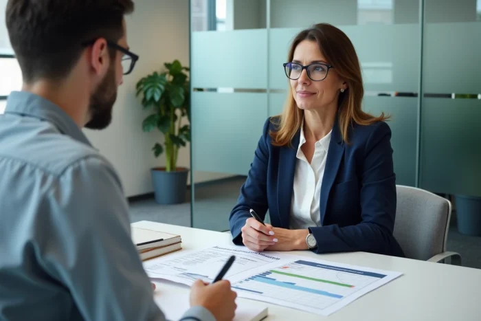 Conseillère bancaire présentant des solutions de crédit immobilier à un client dans une agence moderne
