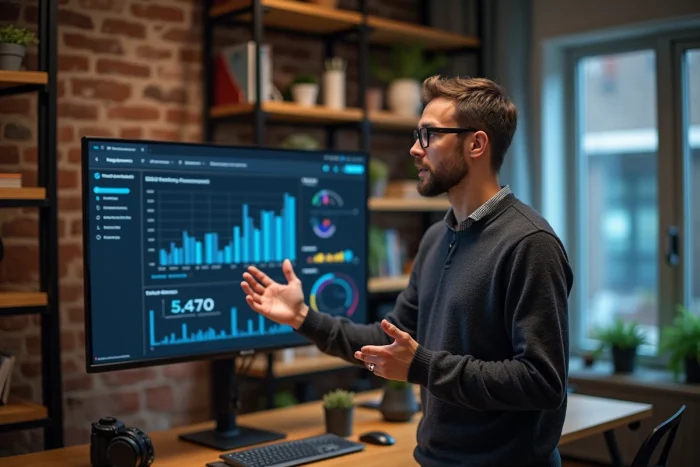 Un consultant SEO présente des statistiques de présence en ligne sur un écran mural dans un bureau à domicile professionnel