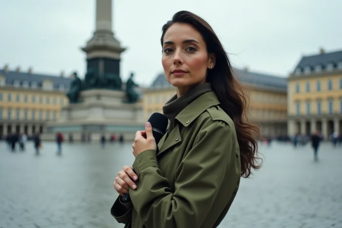 Correspondante internationale en reportage devant un monument emblématique d'une capitale européenne