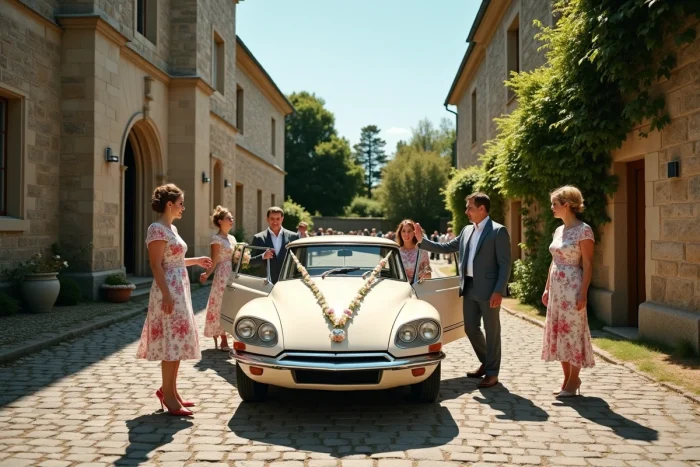 Cortège de mariage devant une église en pierre, invités élégants s'organisant autour d'une Citroën DS ivoire décorée, ambiance champêtre et authentique