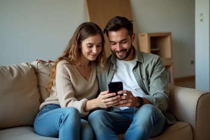 Couple consultant une application de dons de meubles gratuits entre particuliers sur smartphone dans un salon