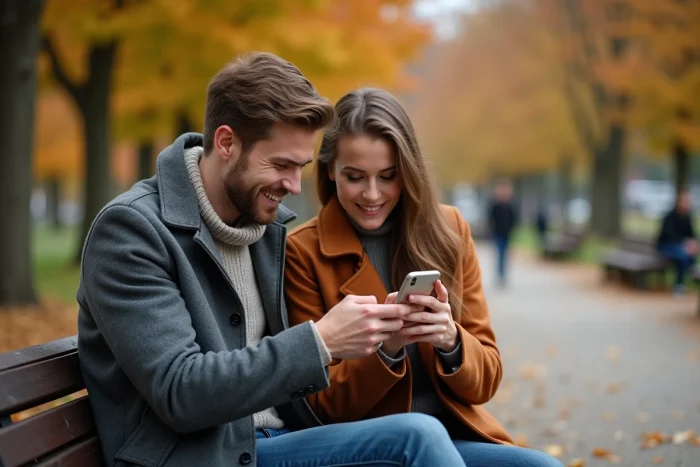 Couple sur un banc de parc en automne, l'homme montrant un message affectueux à sa compagne, illustrant l'impact émotionnel d'un « je pense à toi »