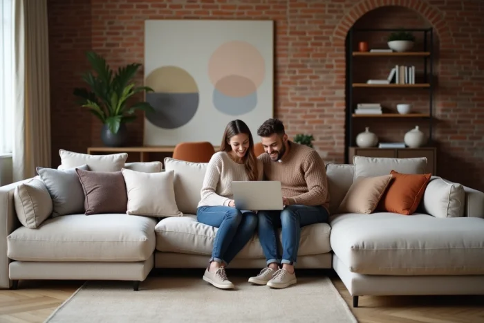 Couple assis sur un canapé modulable Roche Bobois cherchant des prix usine en ligne