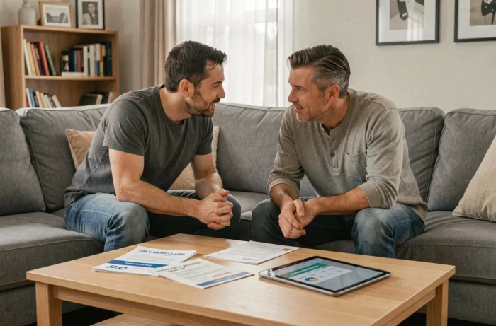 Couple discutant de leurs options d'assurance autour d'une table basse dans un salon confortable pour optimiser leur budget